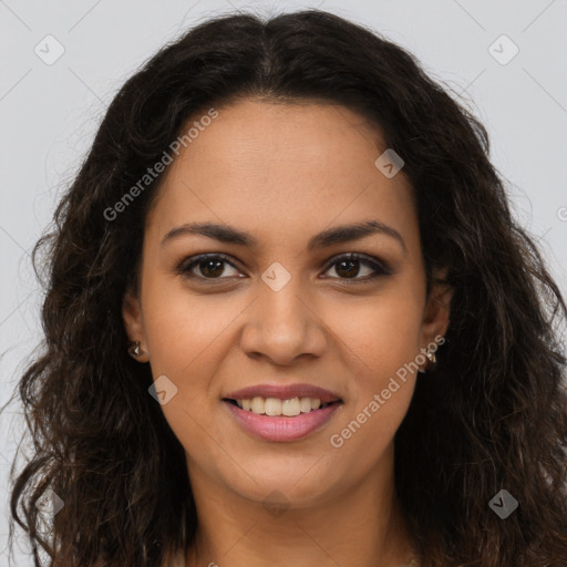 Joyful latino young-adult female with long  brown hair and brown eyes