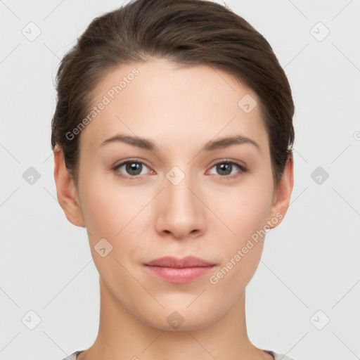 Neutral white young-adult female with short  brown hair and brown eyes