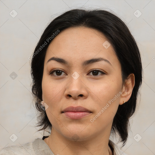 Joyful asian young-adult female with medium  brown hair and brown eyes