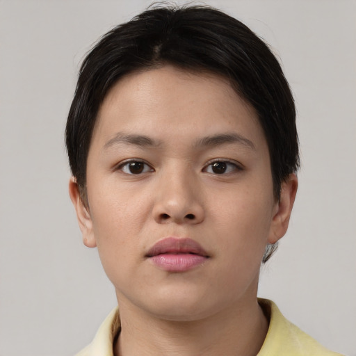 Neutral asian young-adult female with short  brown hair and brown eyes