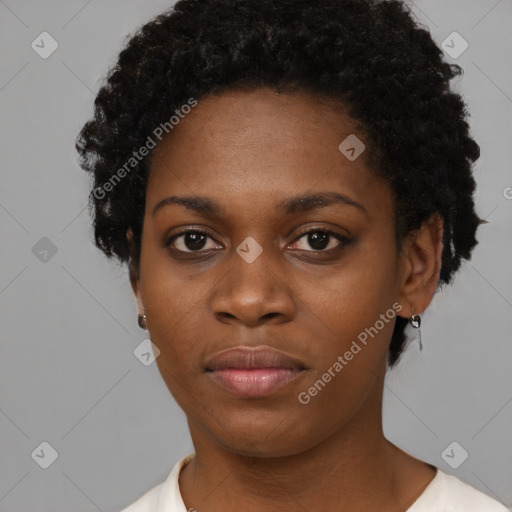 Neutral black young-adult female with short  black hair and brown eyes