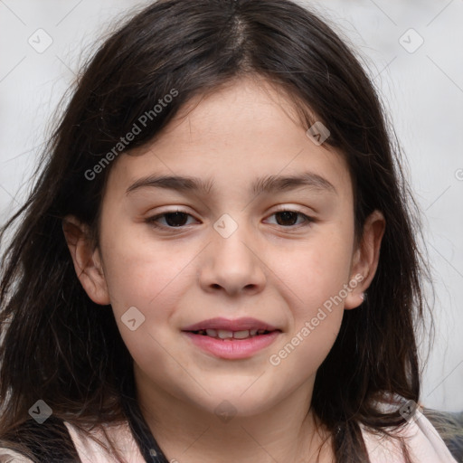 Joyful white child female with medium  brown hair and brown eyes