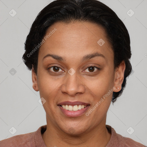 Joyful latino adult female with short  brown hair and brown eyes