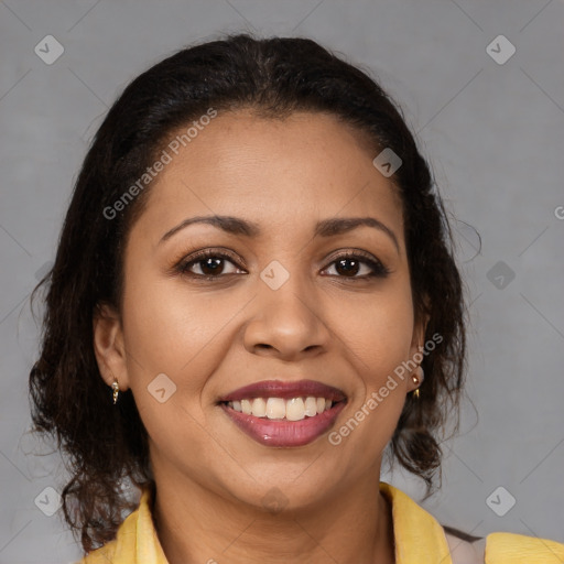 Joyful latino young-adult female with medium  brown hair and brown eyes