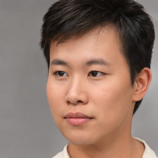 Neutral asian young-adult male with short  brown hair and brown eyes