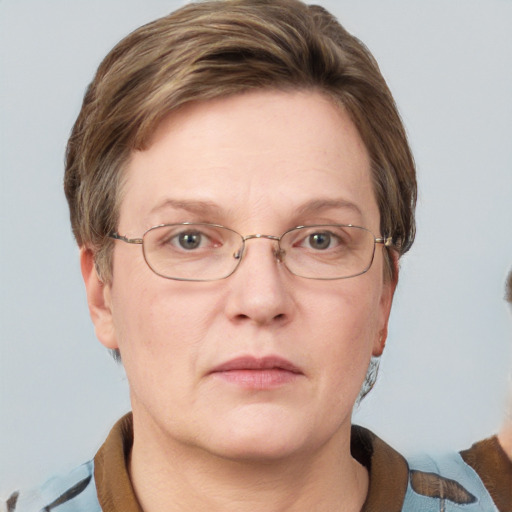 Neutral white adult female with short  brown hair and blue eyes