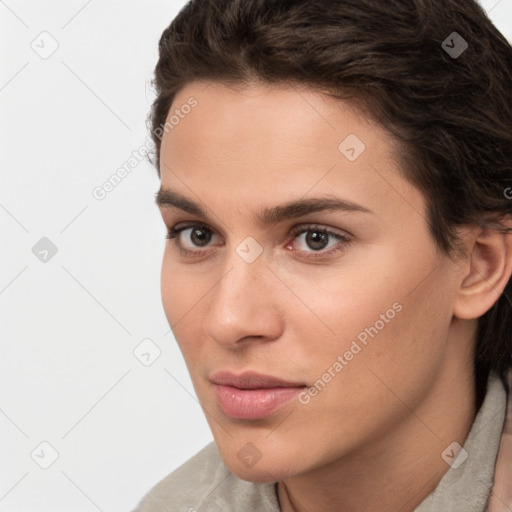 Neutral white young-adult female with short  brown hair and brown eyes