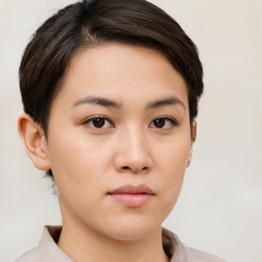 Neutral white young-adult female with short  brown hair and brown eyes