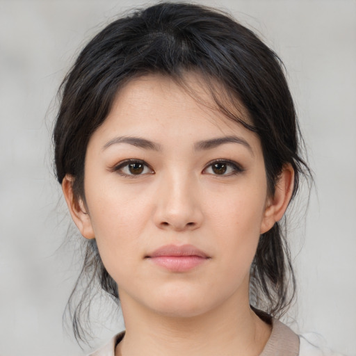 Neutral asian young-adult female with medium  brown hair and brown eyes