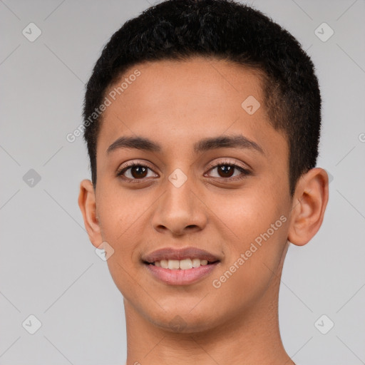 Joyful latino young-adult male with short  brown hair and brown eyes