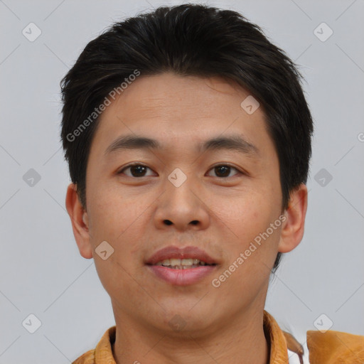 Neutral asian young-adult male with short  brown hair and brown eyes