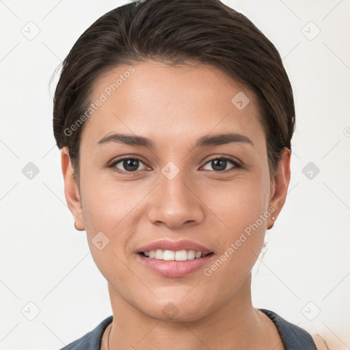 Joyful white young-adult female with short  brown hair and brown eyes