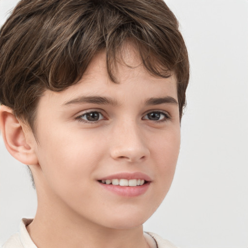 Joyful white child female with short  brown hair and brown eyes