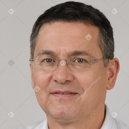 Joyful white middle-aged male with short  brown hair and brown eyes