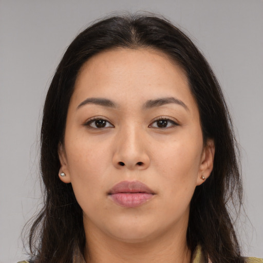 Neutral asian young-adult female with long  brown hair and brown eyes