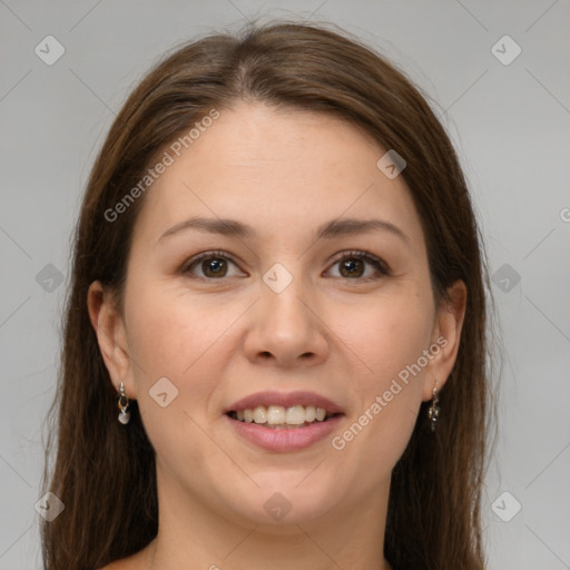 Joyful white young-adult female with long  brown hair and brown eyes