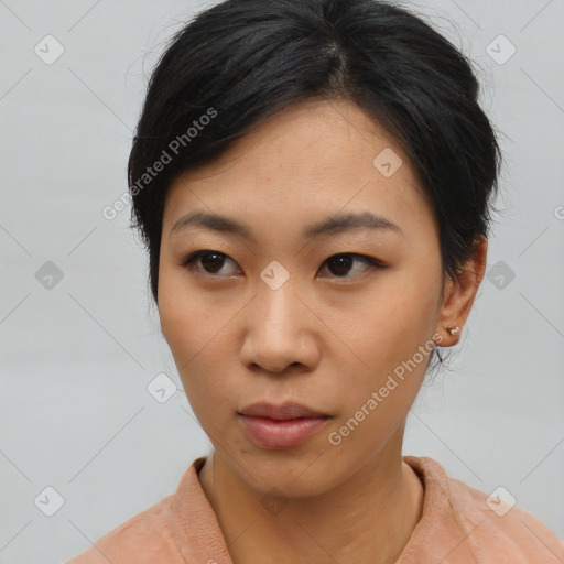 Neutral asian young-adult female with medium  black hair and brown eyes