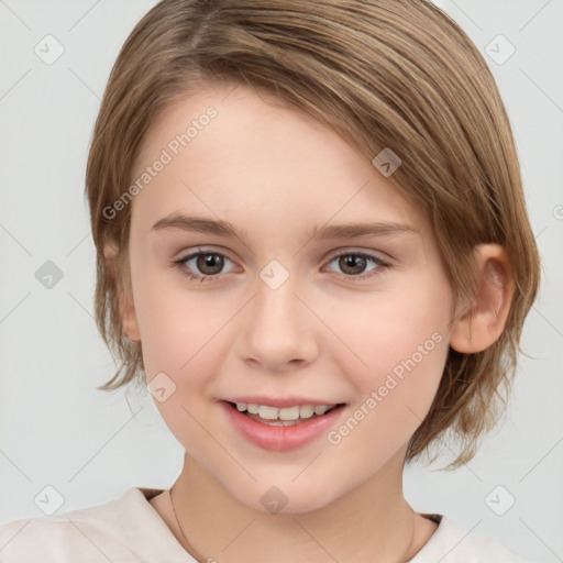 Joyful white child female with medium  brown hair and brown eyes