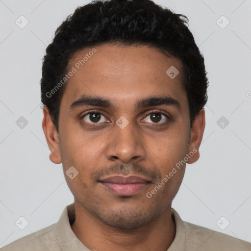 Neutral latino young-adult male with short  black hair and brown eyes