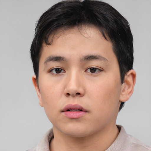 Neutral asian young-adult male with short  brown hair and brown eyes