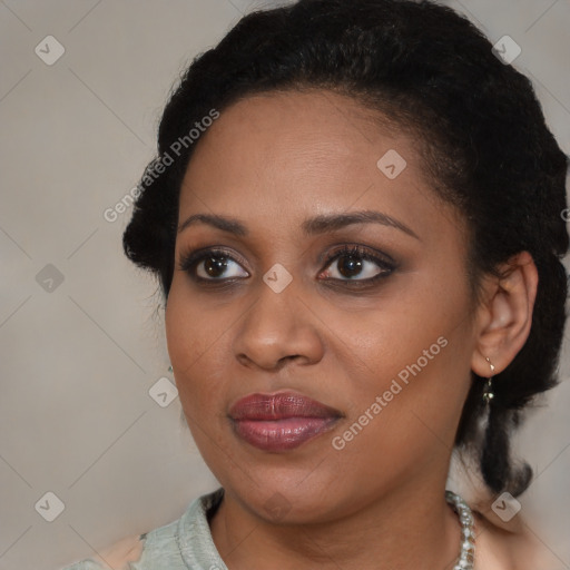 Joyful black young-adult female with medium  black hair and brown eyes