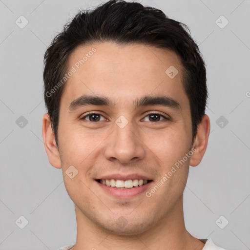 Joyful white young-adult male with short  brown hair and brown eyes