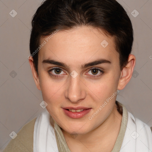 Joyful white young-adult female with short  brown hair and brown eyes