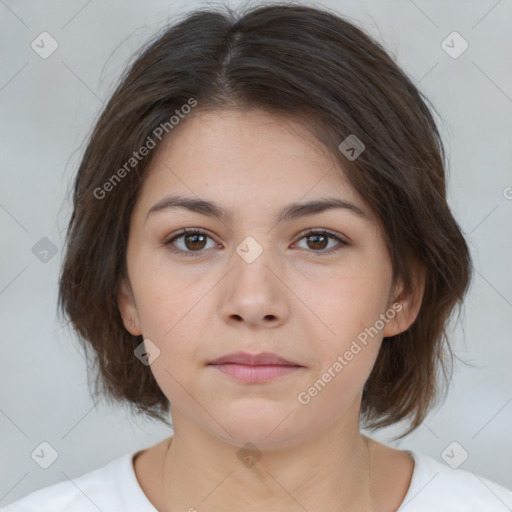 Neutral white young-adult female with medium  brown hair and brown eyes