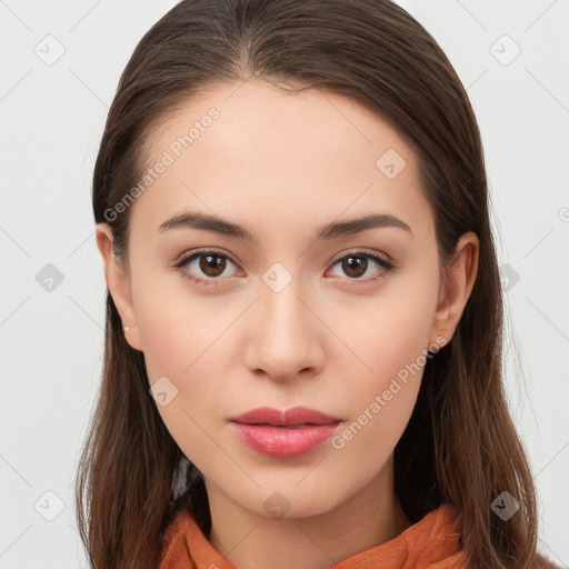 Neutral white young-adult female with long  brown hair and brown eyes