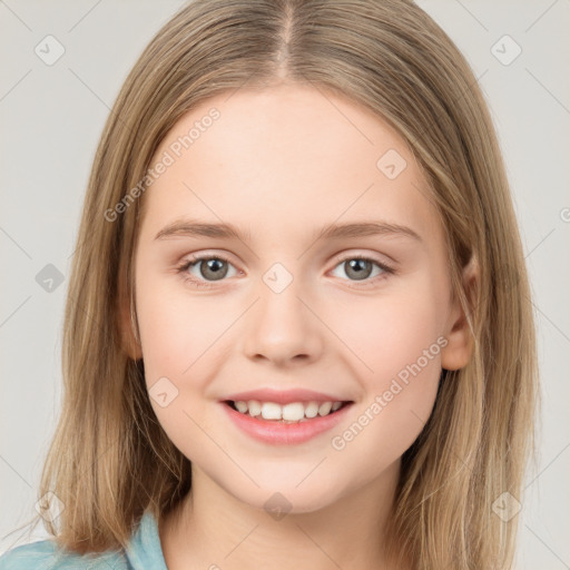 Joyful white child female with medium  brown hair and brown eyes