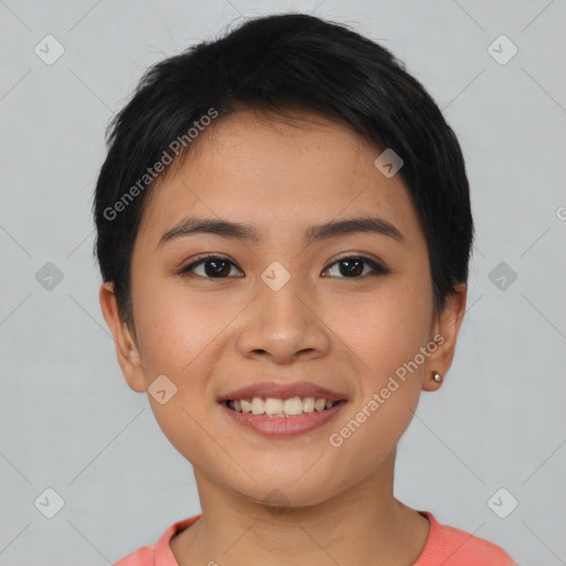 Joyful asian young-adult female with short  brown hair and brown eyes