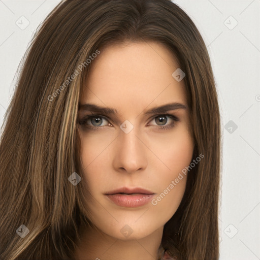 Neutral white young-adult female with long  brown hair and brown eyes