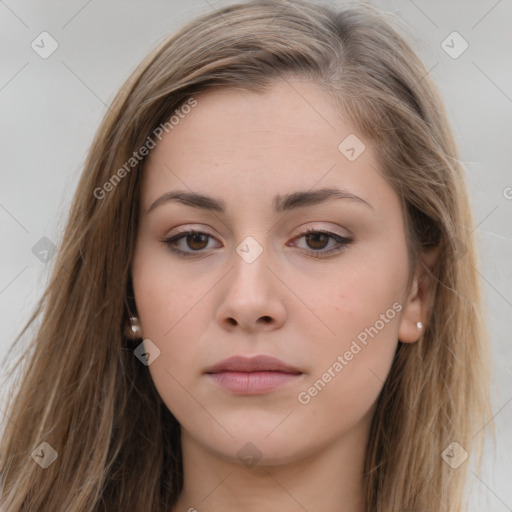 Neutral white young-adult female with long  brown hair and brown eyes