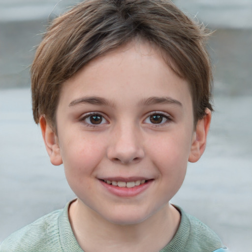 Joyful white child female with short  brown hair and grey eyes