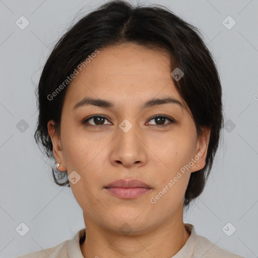 Neutral asian young-adult female with medium  brown hair and brown eyes