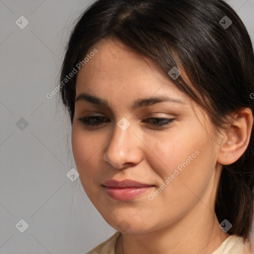 Joyful white young-adult female with medium  brown hair and brown eyes