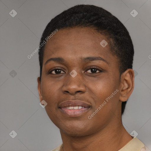 Joyful black young-adult female with short  black hair and brown eyes