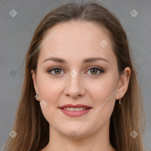 Joyful white young-adult female with long  brown hair and grey eyes