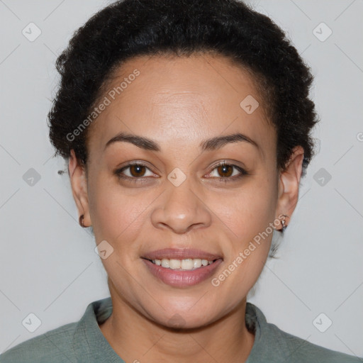 Joyful black young-adult female with short  brown hair and brown eyes