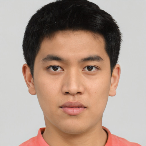 Neutral asian young-adult male with short  brown hair and brown eyes