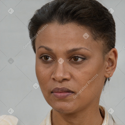 Joyful white adult female with short  brown hair and brown eyes