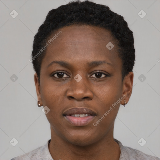 Neutral black young-adult female with short  black hair and brown eyes