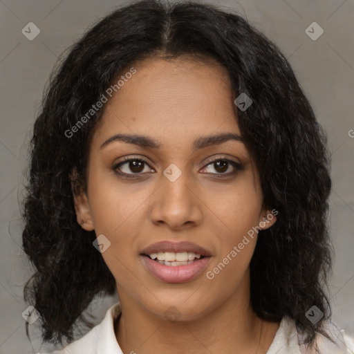 Joyful black young-adult female with medium  black hair and brown eyes