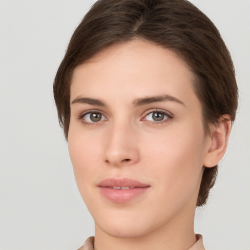 Neutral white young-adult female with short  brown hair and brown eyes