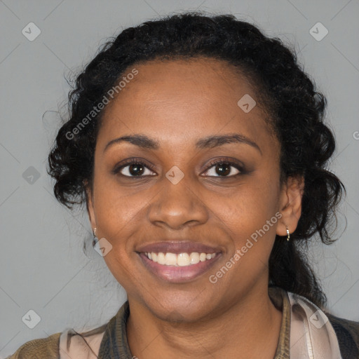 Joyful black young-adult female with medium  black hair and brown eyes