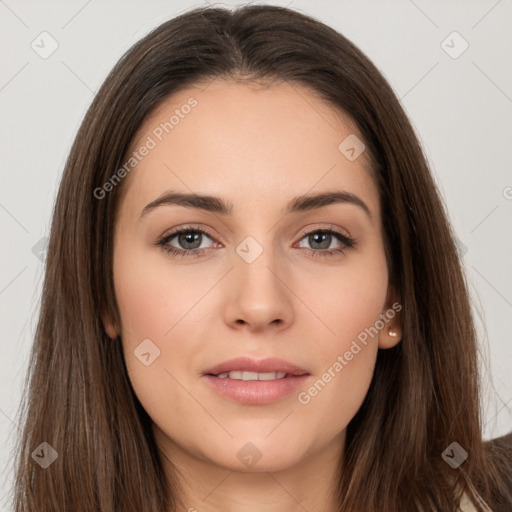 Neutral white young-adult female with long  brown hair and brown eyes