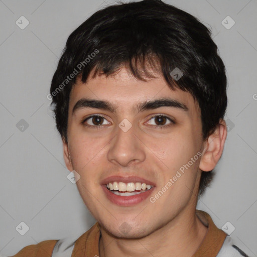 Joyful white young-adult male with medium  brown hair and brown eyes