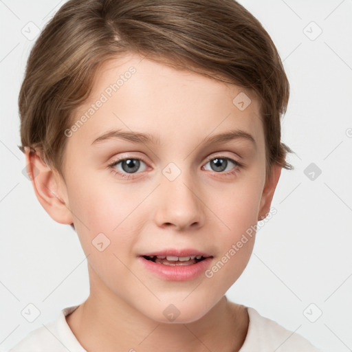 Joyful white child female with short  brown hair and grey eyes