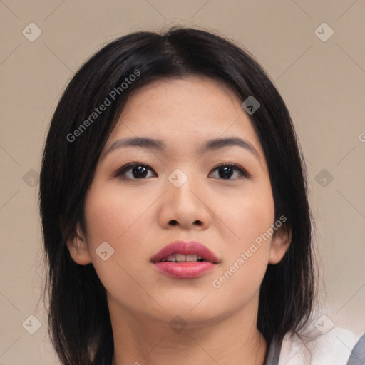 Neutral asian young-adult female with medium  black hair and brown eyes