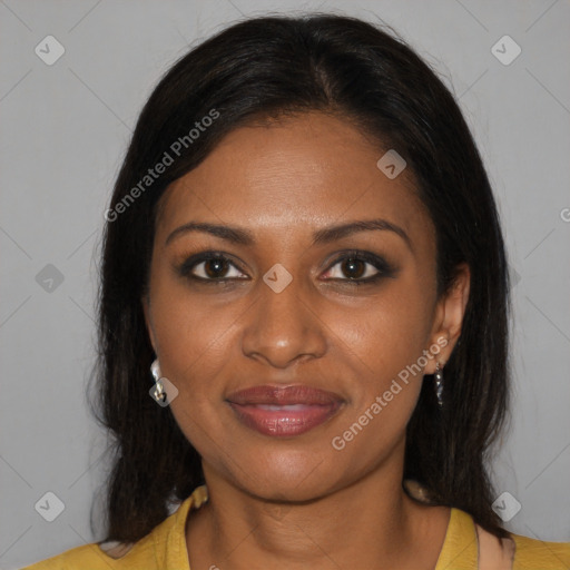 Joyful black young-adult female with medium  brown hair and brown eyes